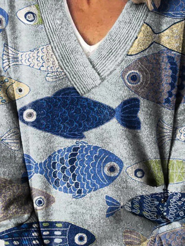 Lovely Fish Art Print Knit V-neck Pullover Sweater