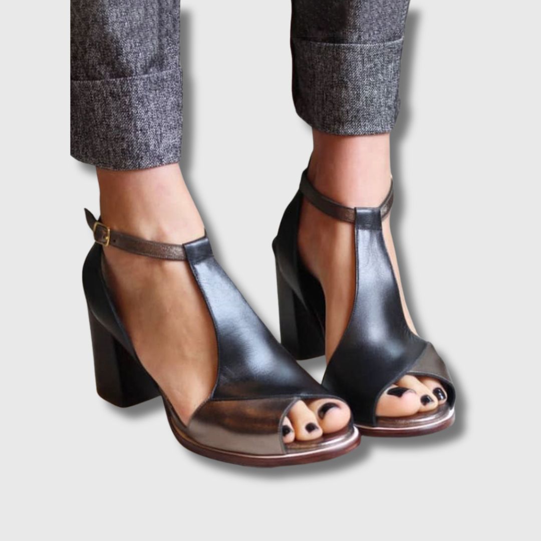 Margaret™ | Black Patchwork Open-Toe Heeled Sandals for Women