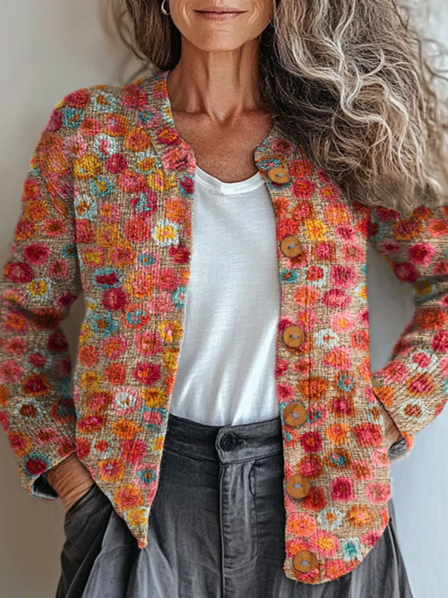 Vintage Flower Art Print Buttoned Cardigan Sweater