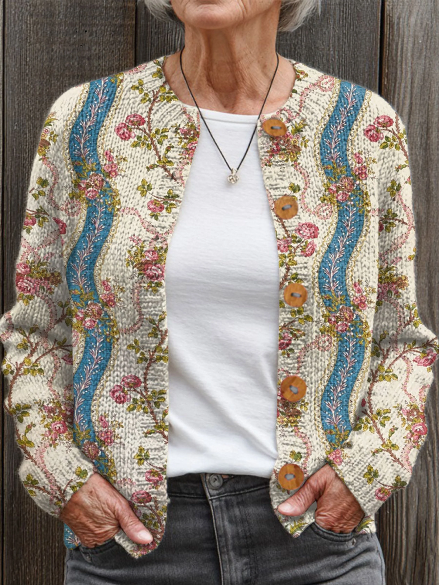 Vintage Flower Art Print Buttoned Cardigan Sweater