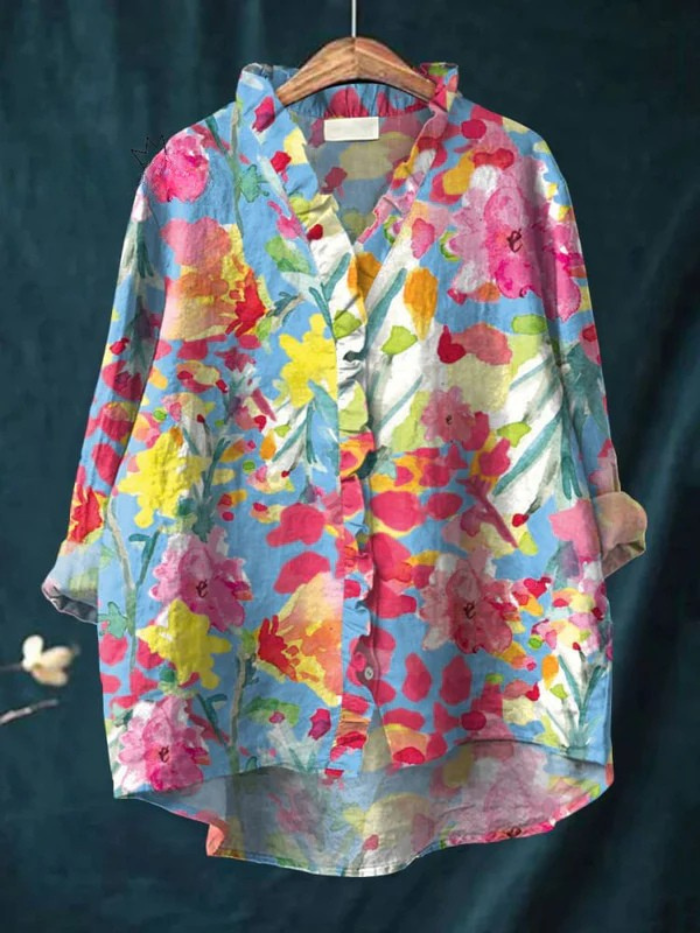 Women's Vintage Flowers Art Print Casual Cotton And Linen Ruffle Shirt