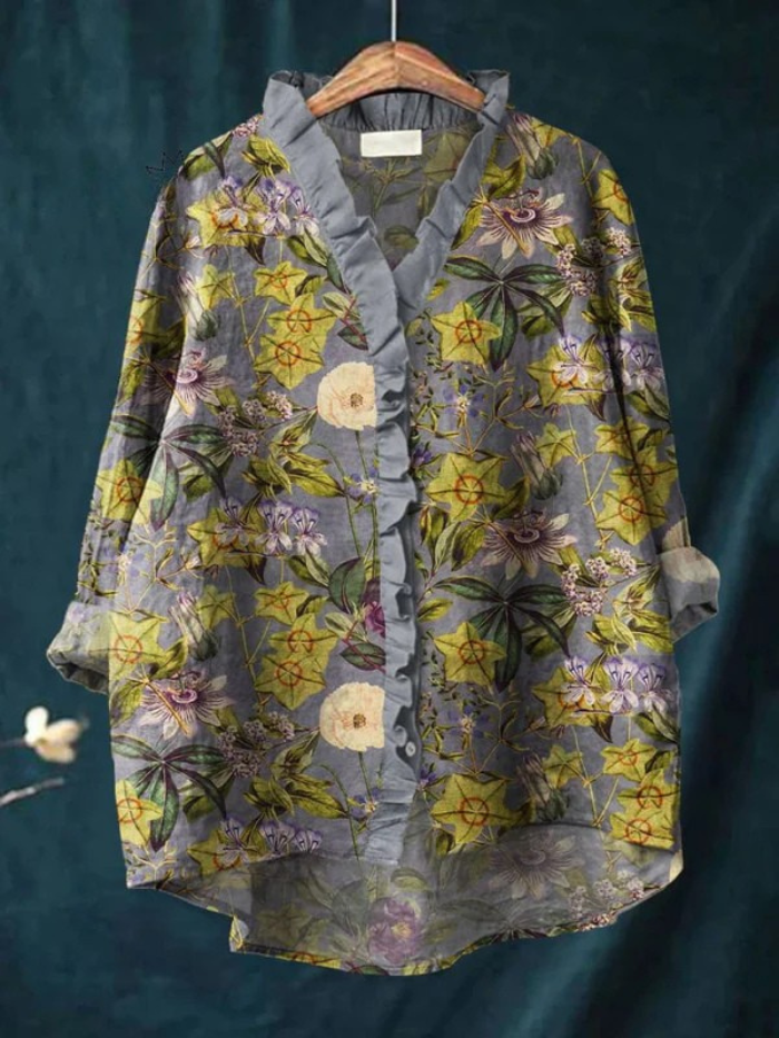 Women's Vintage Flower Art Print Casual Cotton And Linen Ruffle Shirt