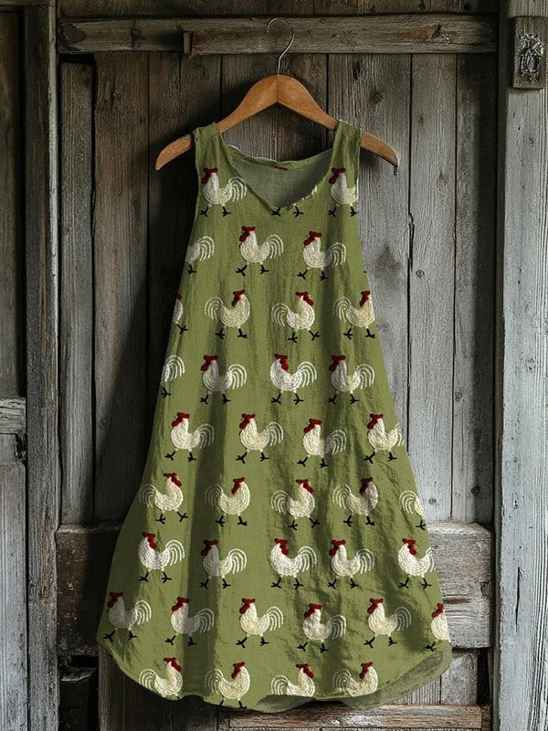 Roosters Embroidery Pattern Tank Dress