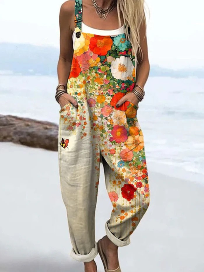 Women's Vintage Flower Art Print Casual Wide Leg Jumpsuit