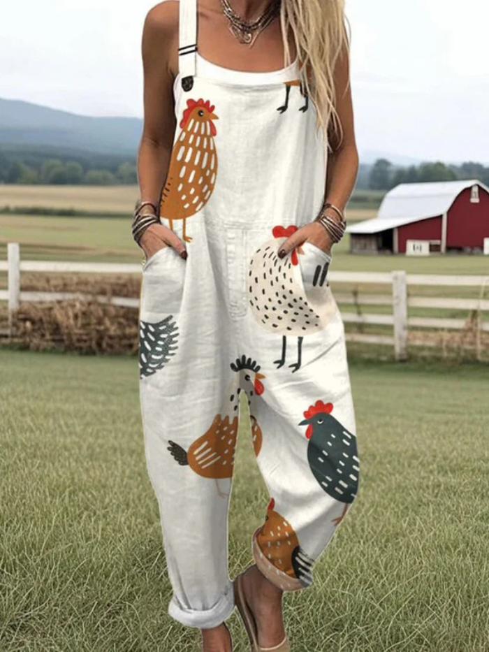 Women's Funny Chick Art Print Casual Wide Leg Linen Jumpsuit
