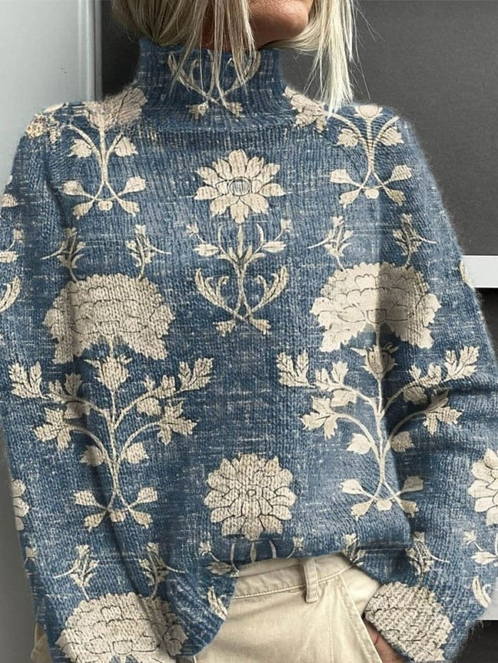 Women's Vintage Cute Floral Pattern Sweater with Turtleneck