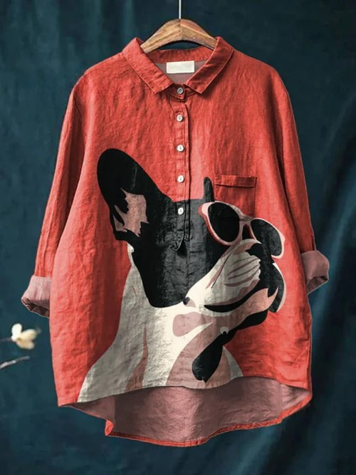 Decorative Pattern of French Bulldog with Sunglasses Linen Shirt