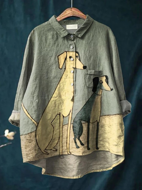 Women's Fun Abstract Puppy Print Casual Linen Shirt