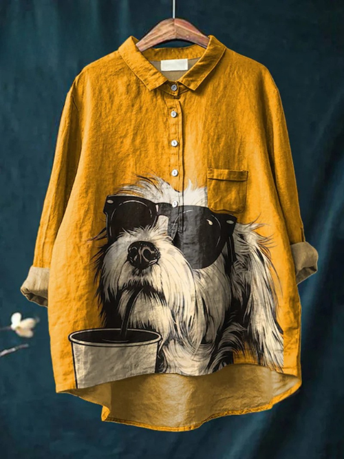 Cute Animal Sunglasses Coffee Dog Art Animal Vintage Print Casual Linen Shirt