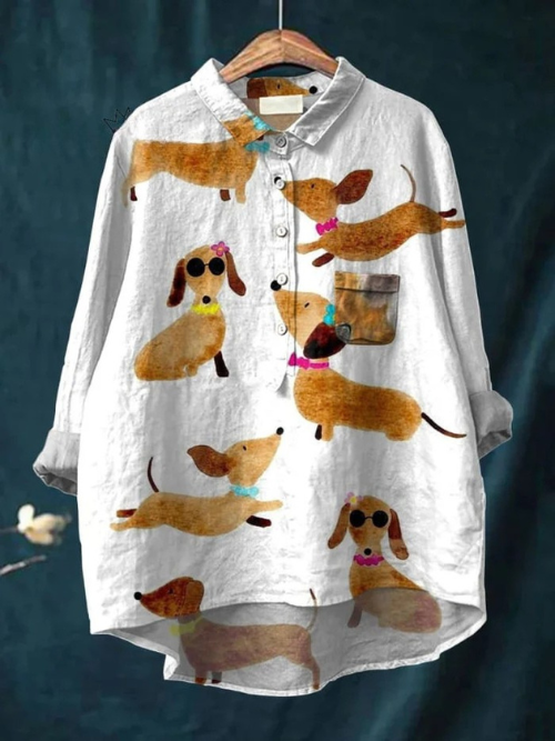 Cute Dog Dachshund Art Print Casual Linen Shirt