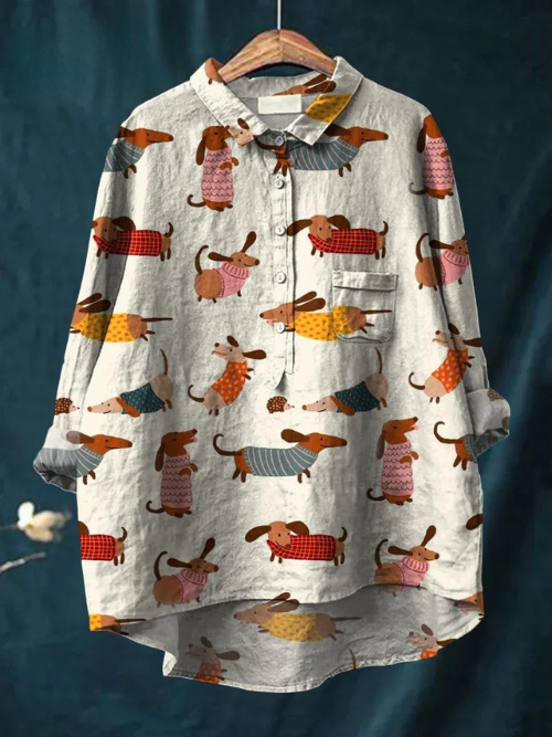 Women's Cute Dachshund Art Print Casual Linen Shirt