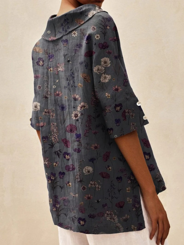 Women's Floral Art Print Casual V-neck Linen Shirt