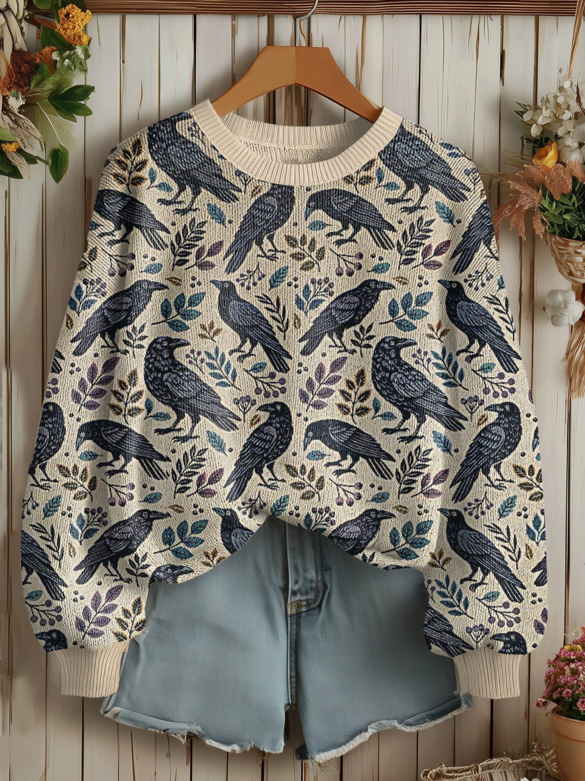 Women's Retro boho raven forest botanical print Sweater