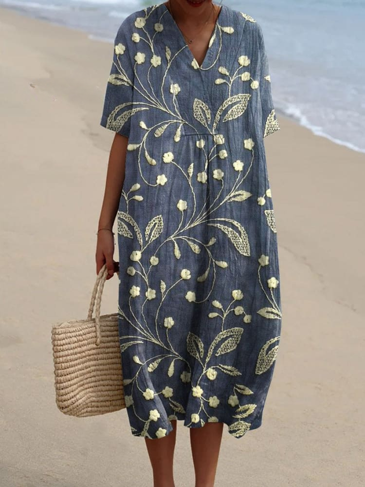 Women's Retro Floral Art Print Casual Flowy Linen Dress