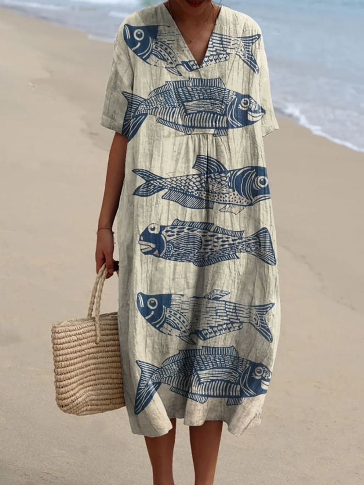 Women's Vintage Lovely Fish Art Print Flowy Linen Dress