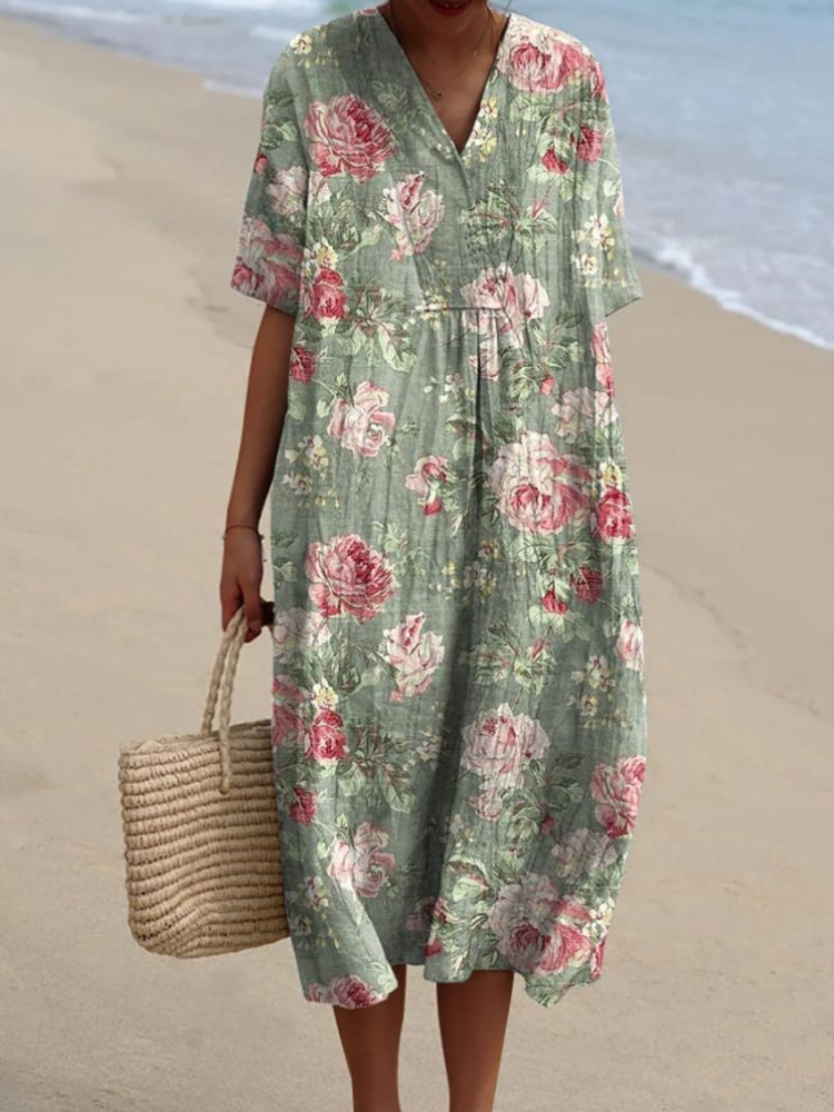 Vintage Romantic Rose Pattern Printed Women's Flowy Linen Dress