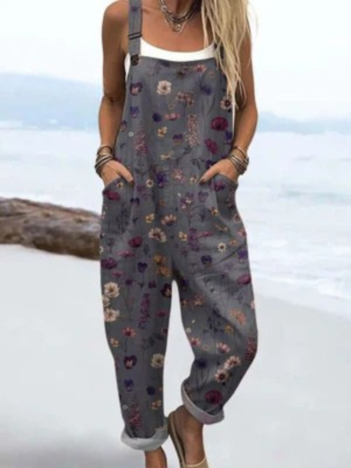 Women's Vintage Flowers Art Print Casual Wide Leg Linen Jumpsuit