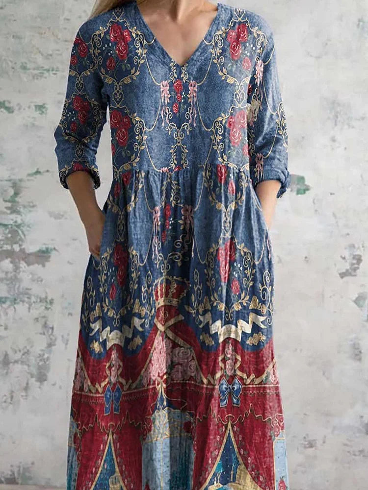 Women's V-Neck Elegant Art Floral Pattern Dress with Pockets