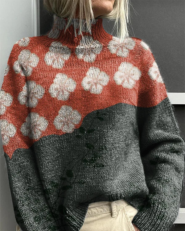 Women's Japanese Floral Print Casual Knit Turtleneck Sweater
