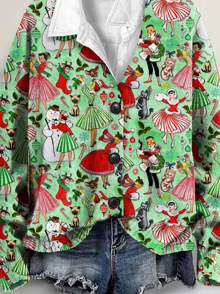Vintage Cute Christmas Art Print Buttoned V-neck Cardigan Sweater