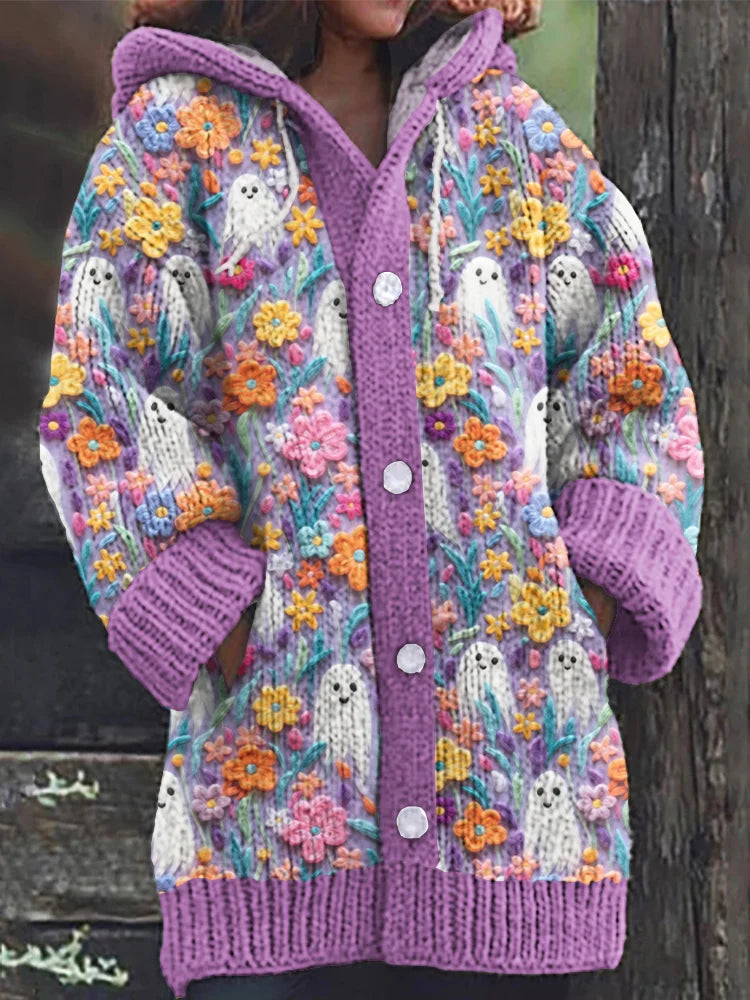 Vintage Rainbow Floral Ghost Embroidered Knit Hooded Cardigan
