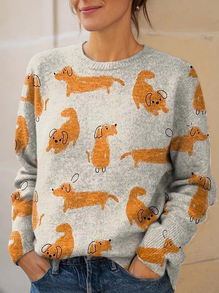 Women's Lovely Dogs Art Print Knit Pullover Sweater
