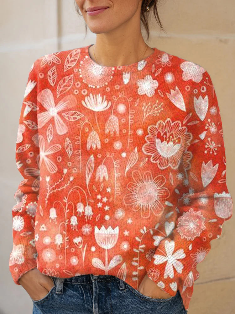 Vintage Flower Art Print Knit Pullover Sweater