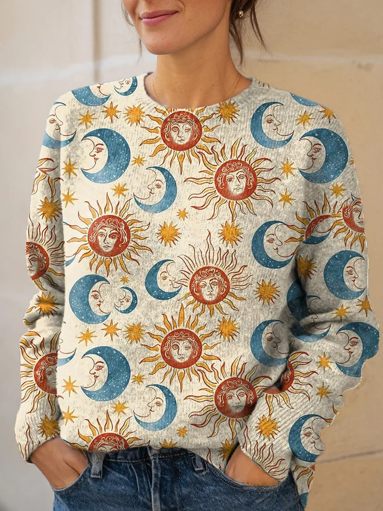 Women's Retro Art Moon Sun Print Knit Pullover Sweater