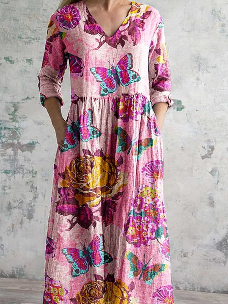 Women's Elegant Rose Floral Butterfly V-Neck Cotton and Linen Dress with Pockets
