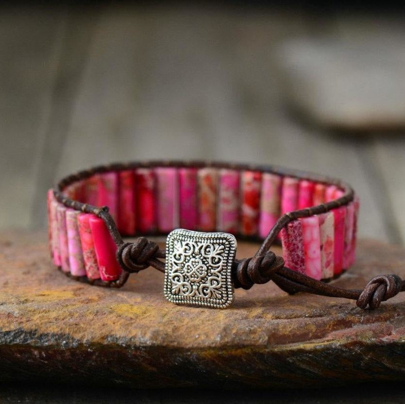 Handmade Natural Jasper & Agate Stone Leather Wrap Bracelet