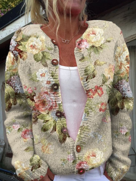 Sweater Cardigan with Retro Floral Pattern