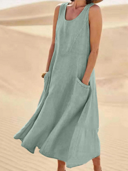 Women Sleeveless Sundress Elegant Round Neck  Solid Long Tank Casual Summer Dress
