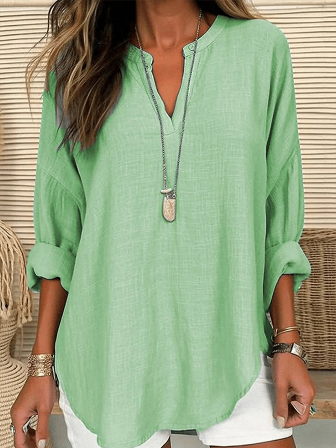 Women's Long Sleeve Round Neck Solid Color Loose Beach Shirt