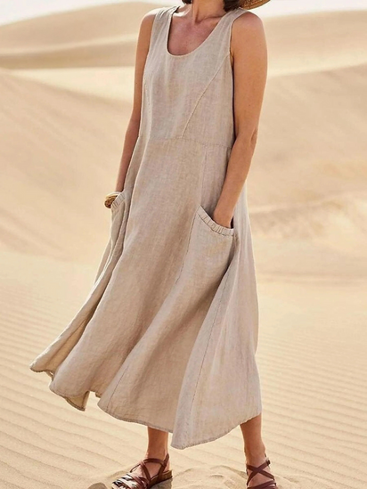 Women Sleeveless Sundress Elegant Round Neck  Solid Long Tank Casual Summer Dress
