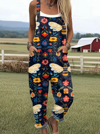 Women's Flying Bees Pattern Casual  Wide Leg Linen Jumpsuit