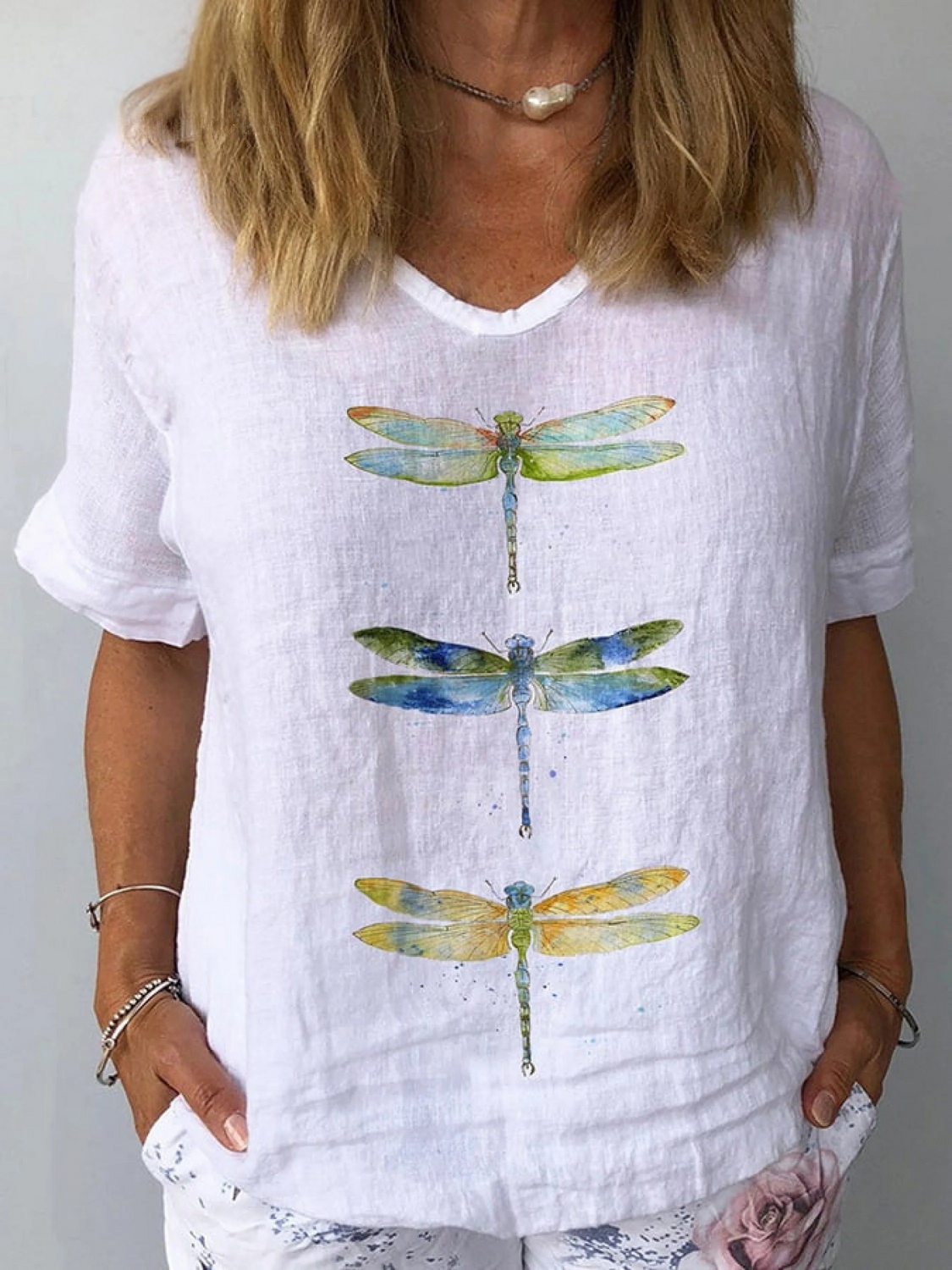 Women's Watercolor Dragonfly Print Linen Shirt