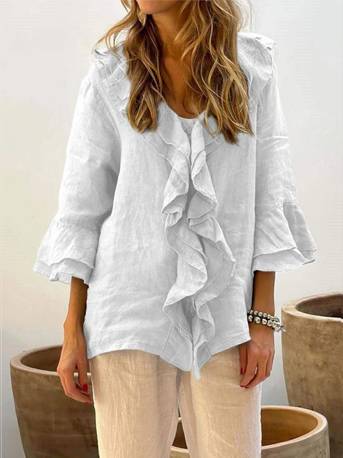 Women's Ruffles Casual 3/4 Sleeves Shirt