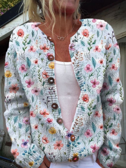 Vintage Flower Art Print Buttoned Cardigan Sweater