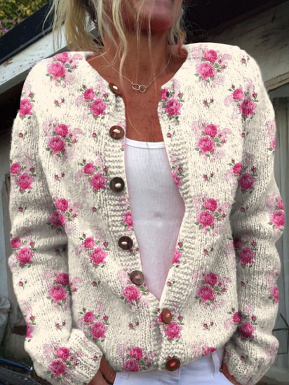 Cardigan Sweater with Repeating French Rose Pattern in Watercolor