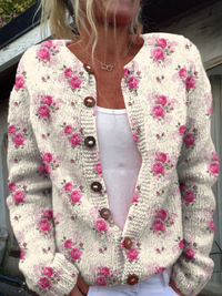 Cardigan Sweater with Repeating French Rose Pattern in Watercolor
