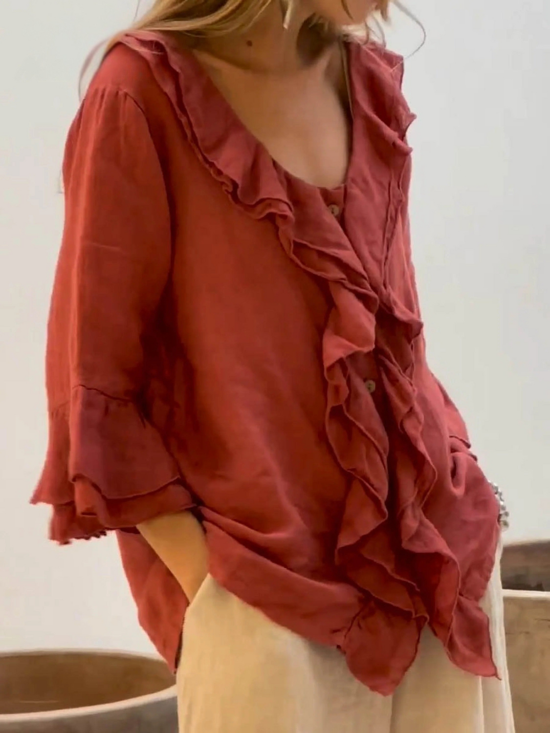 Women's Ruffles Casual 3/4 Sleeves Shirt