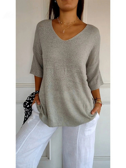 Women's Solid Color Knitted 3/4 Sleeve V-neck Top