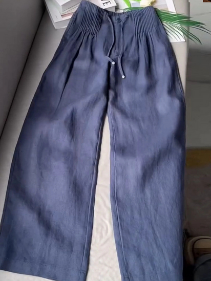 Women's Solid Color Pleated Drawstring Casual  Wide Leg Linen Pants