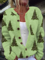 Women's Lovely Christmas Tree Art Print Buttoned Cardigan Sweater