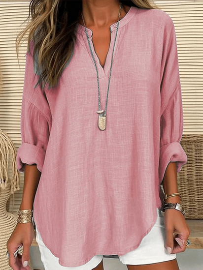 Women's Long Sleeve Round Neck Solid Color Loose Beach Shirt