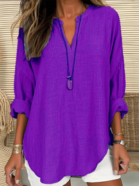 Women's Long Sleeve Round Neck Solid Color Loose Beach Shirt