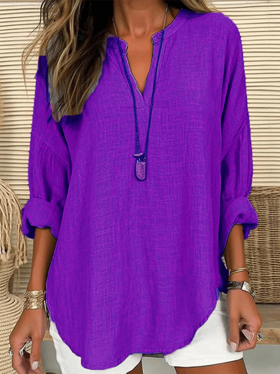 Women's Long Sleeve Round Neck Solid Color Loose Beach Shirt