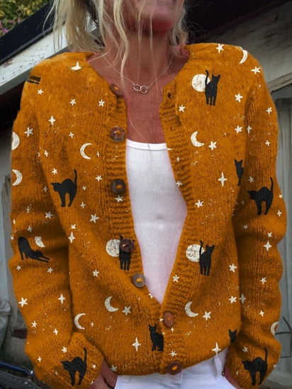 Cardigan Sweater with Button in Black Cat Halloween Pattern