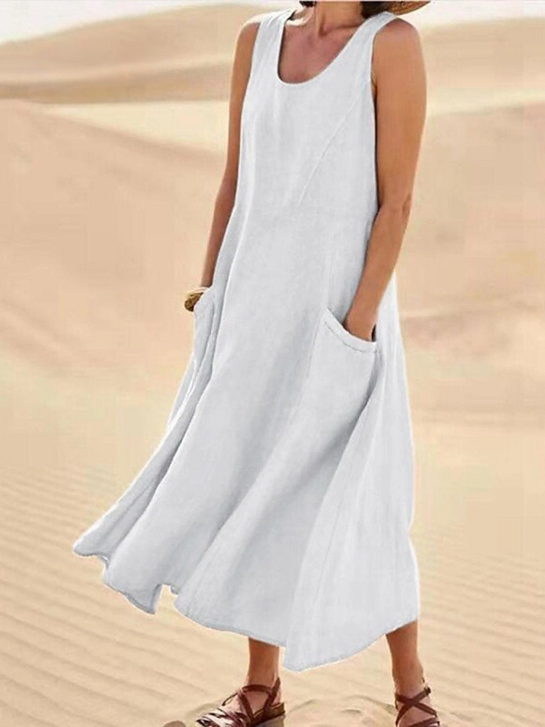 Women Sleeveless Sundress Elegant Round Neck  Solid Long Tank Casual Summer Dress