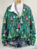 Vintage Christmas Tree Art Print Buttoned V-neck Cardigan Sweater